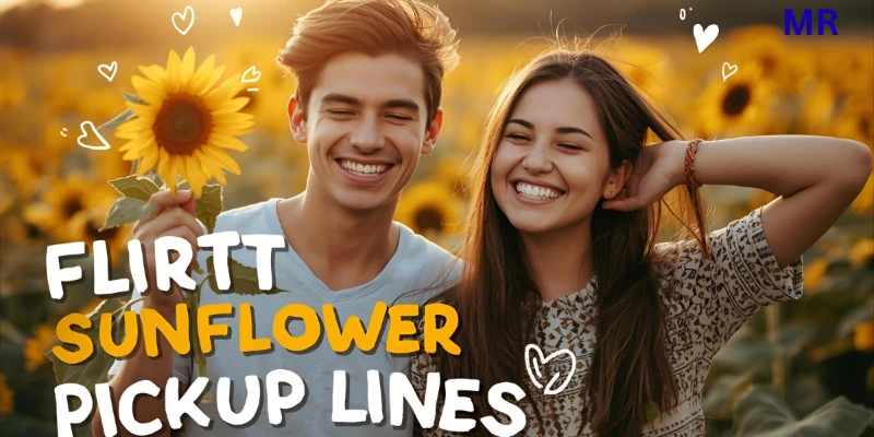 "Playful young couple in sunflower field exchanging smiles with sunlit glow — flirty and fun summer vibe."