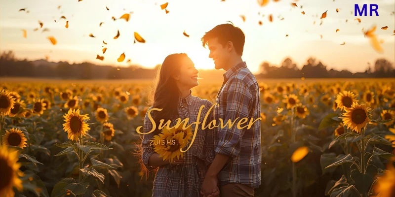 "Young couple holding hands in a sunflower field at sunset — warm, romantic, and cheerful sunflower love theme."