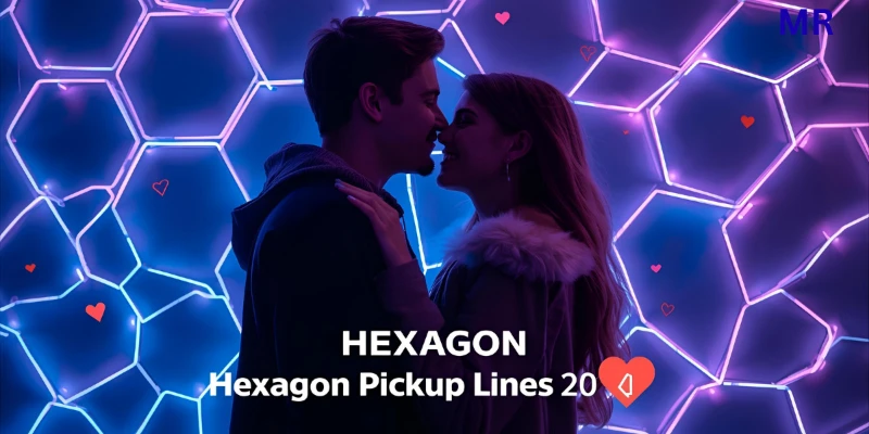 "Young couple smiling in front of a glowing hexagon-patterned neon wall — modern and romantic theme for hexagon pickup lines."