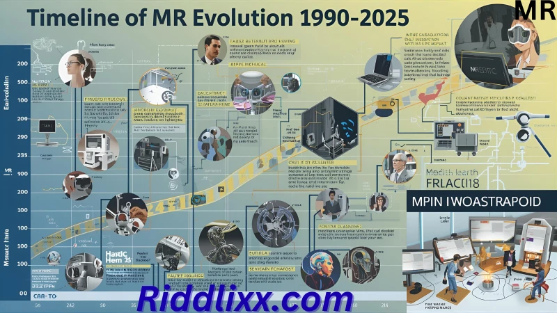 MR meaning and evolution from 1900 to 2025 illustrated with MRI, revenue, and mixed reality visuals.”