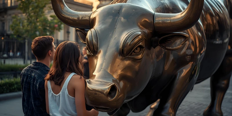 “A young couple viewing the famous Charging Bull sculpture by Arturo Di Modica in golden light, symbolizing strength and optimism.”