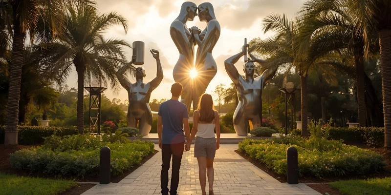 “A couple exploring JEFRË’s Faith, Empowerment, Time, and Passion sculptures in Lake Nona Sculpture Garden at sunset, symbolizing inspiration and love.”