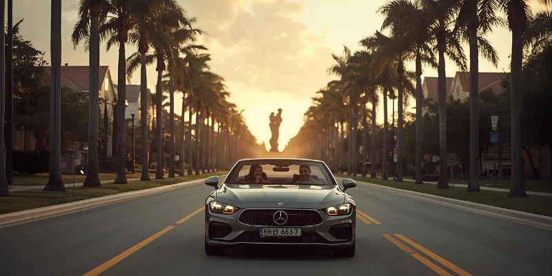 “A couple driving through sunny Orlando toward the Lake Nona Sculpture Garden, capturing a romantic and scenic journey.”