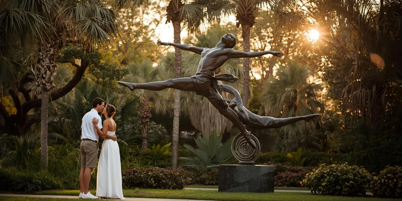 “A couple appreciating Enzo Plazzotta’s Jeté II sculpture at Lake Nona Sculpture Garden during sunset, highlighting movement and grace.”
