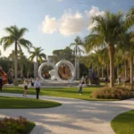 “Modern outdoor sculptures surrounded by palm trees and gardens at Lake Nona Sculpture Garden in Orlando, Florida.”