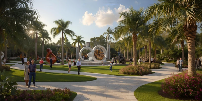 “Modern outdoor sculptures surrounded by palm trees and gardens at Lake Nona Sculpture Garden in Orlando, Florida.”