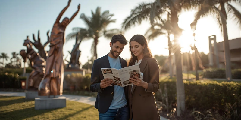 “A couple reading a guide at Lake Nona Sculpture Garden surrounded by sculptures and greenery, representing quick facts and visitor information.”