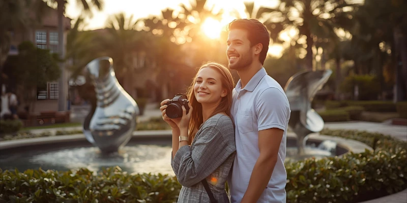 “A couple taking photos at the Lake Nona Sculpture Garden during golden hour, surrounded by sculptures and greenery, symbolizing travel tips and memories.”