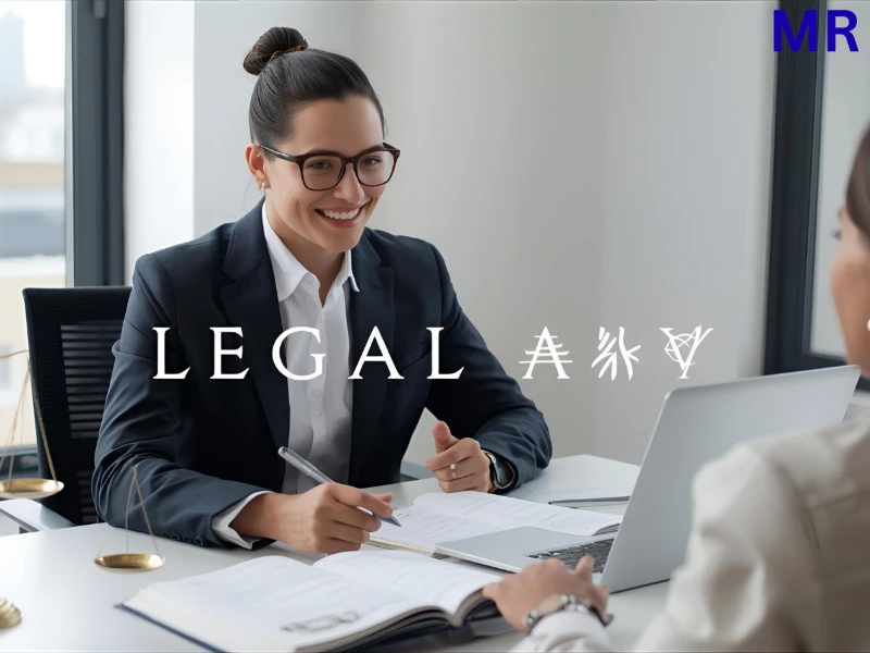 "Young lawyer advising a client at a modern office desk with law books and justice scales — professional and trustworthy legal concept."