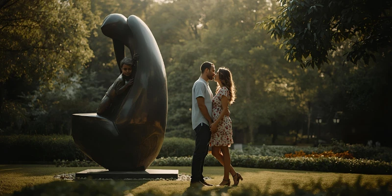 “A couple admiring Henry Moore’s Mother and Child sculpture in a serene garden setting, symbolizing love and connection.”