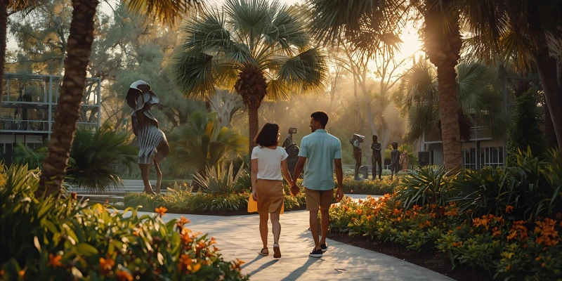 “A young couple walking through the Lake Nona Sculpture Garden, surrounded by modern art and lush greenery, showing how nature becomes the gallery.”