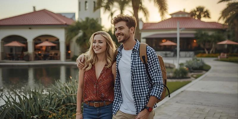 “A young couple exploring nearby attractions around the Lake Nona Sculpture Garden, enjoying the art, cafés, and lakes in a warm, tropical setting.”