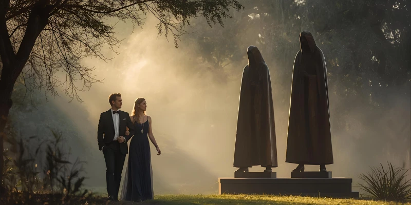 “A couple admiring Philip Jackson’s Cloister Conspiracy and The Don sculptures in Lake Nona Sculpture Garden, surrounded by soft golden light and artistic mystery.”