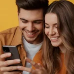“A young couple smiling while reading a chat message with really on a phone, representing the real meaning and emotional side of the slang.”