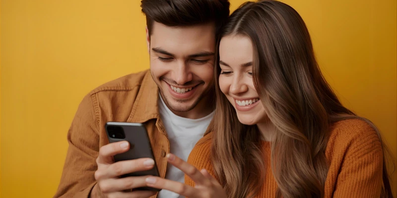“A young couple smiling while reading a chat message with really on a phone, representing the real meaning and emotional side of the slang.”