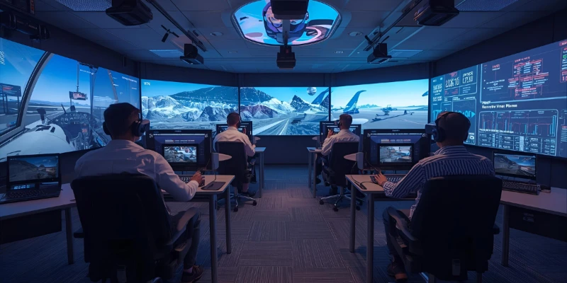 “People using VR headsets and AI simulators representing the future of simulation technology in 2025.”