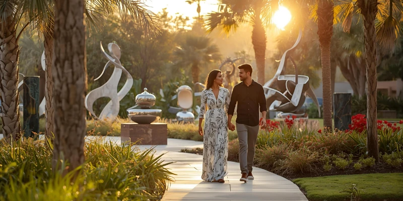 “A young couple exploring the Lake Nona Sculpture Garden in Orlando at sunset, surrounded by modern art and lush greenery.”