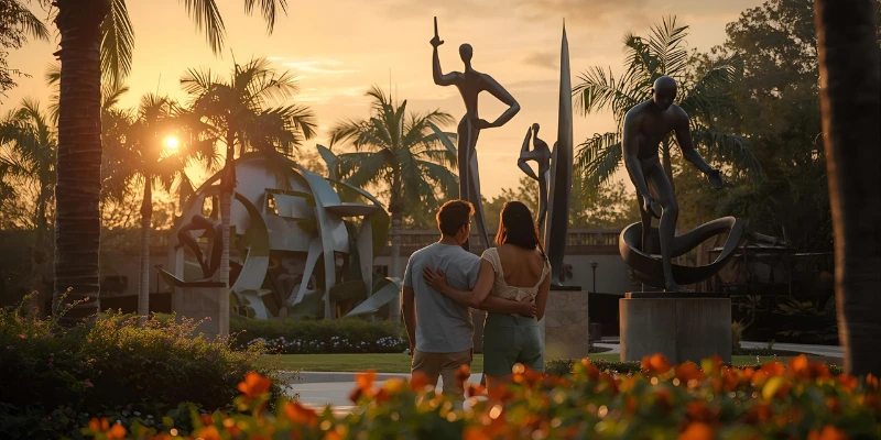 “A couple admiring sculptures at the Lake Nona Sculpture Garden during sunset, surrounded by greenery and golden light, symbolizing why it’s worth visiting.”